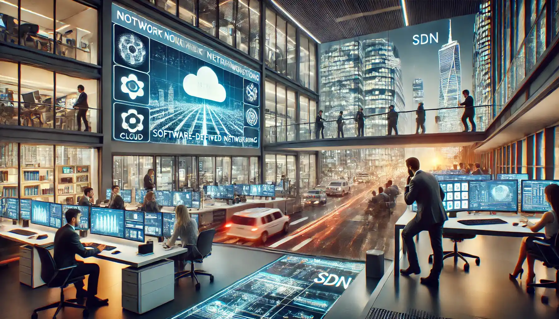 A high-tech modern office with employees working on computers and smartphones, showing advanced network transformation.