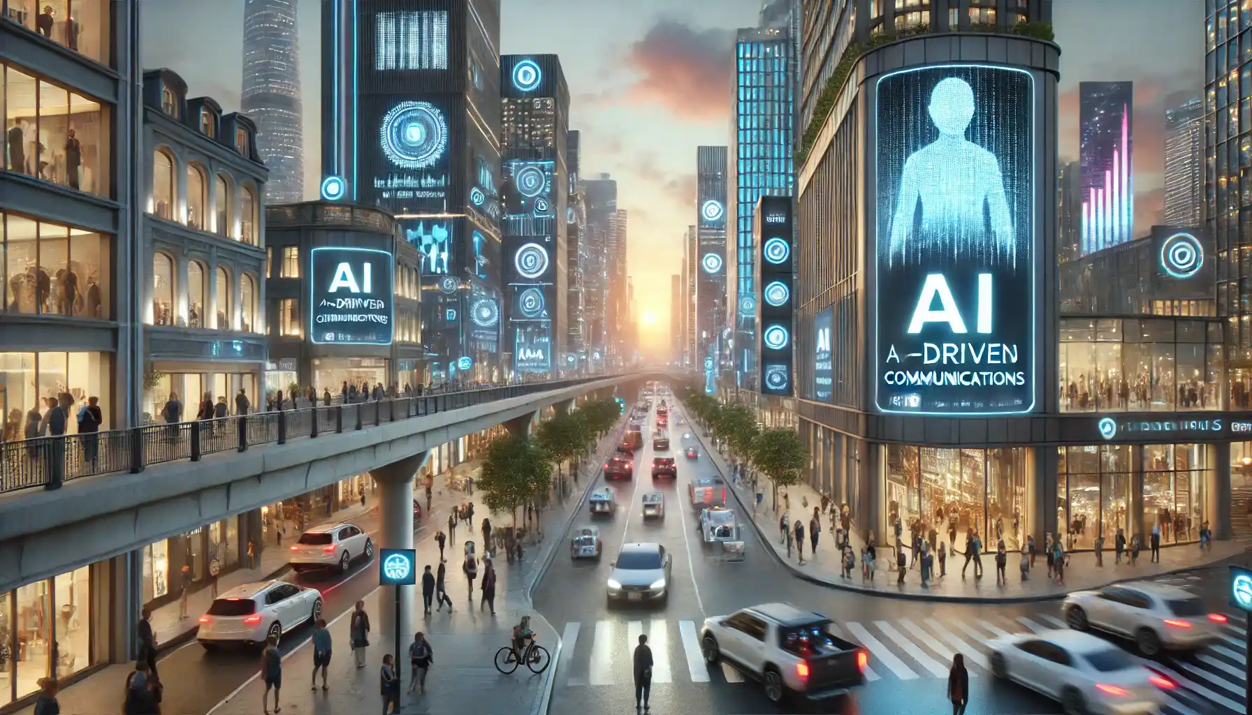 A futuristic, bustling smart city with digital signage and people using devices, showcasing AI-driven communications. Autonomous vehicles move along city streets, while large LED screens on building facades show advertisements and real-time social media feeds, creating a connected, digital landscape.
