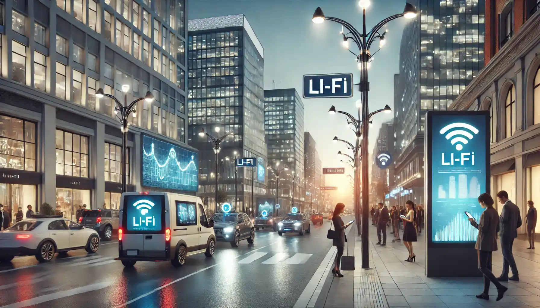 LED streetlights provide high-speed Li-Fi connectivity to pedestrians. Digital signage and autonomous vehicles interact seamlessly through the Li-Fi network, while buildings in the background feature advanced LED lighting on their facades.