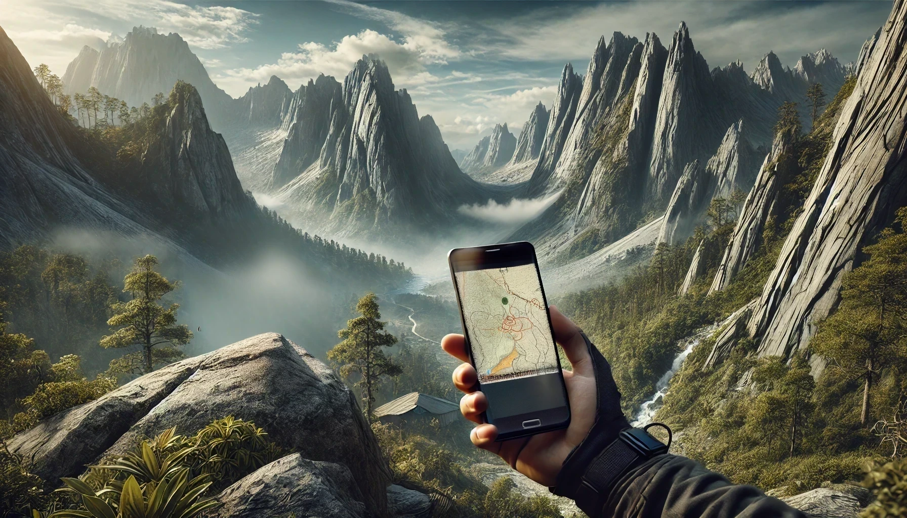 A traveler in a remote mountainous area is using a smartphone with access to mesh networks.