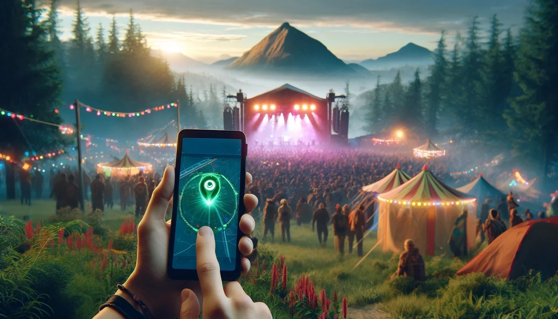 A festival participant in a remote area is using a smartphone with access to Mesh networks.