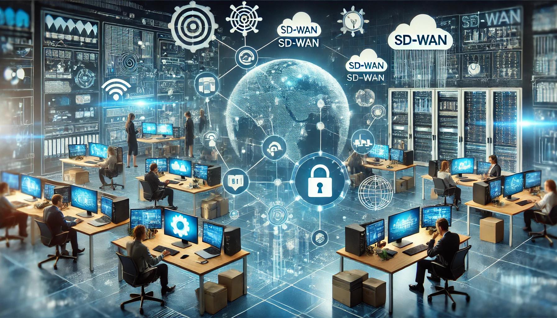 A futuristic office scene with high-tech networking equipment, SD-WAN setups, cloud technology icons floating in the background, and cybersecurity elements like shields and locks, showing a seamless digital communication network in action