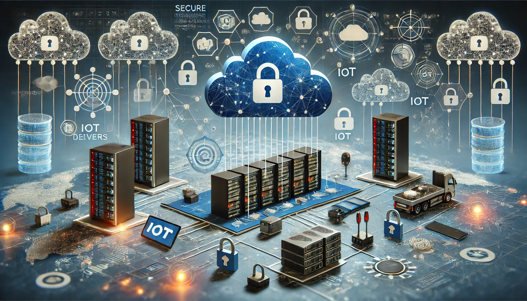 A modern network infrastructure visualization with interconnected cloud servers, IoT devices, and cybersecurity elements such as shields, locks, and real-time monitoring.