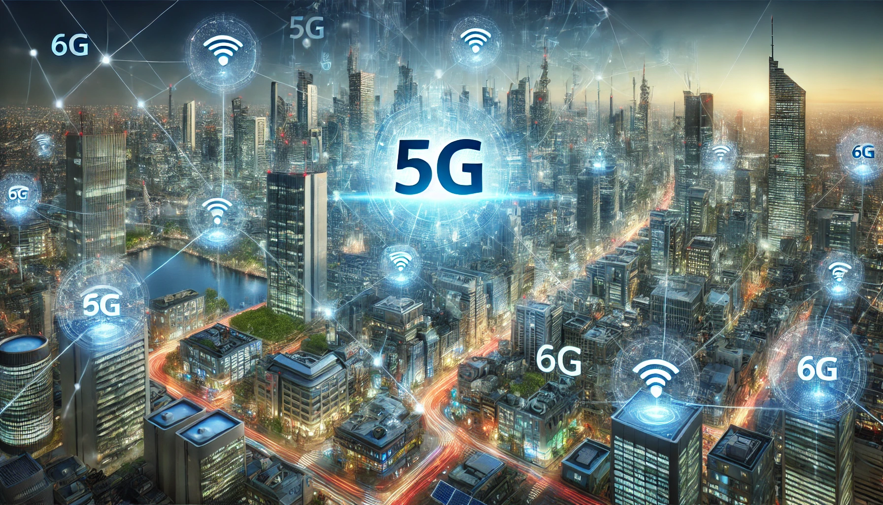 the transition from 5G to 6G technology, showing a futuristic cityscape with holographic displays and high-speed connectivity.