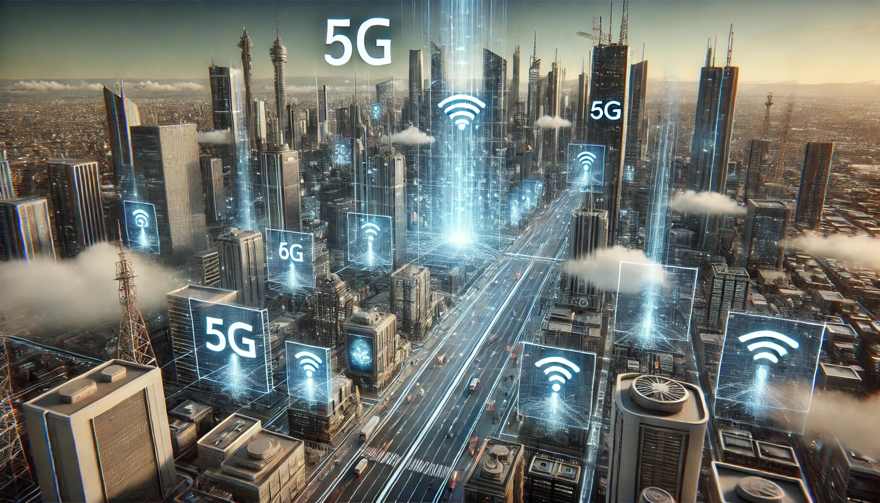 a futuristic cityscape with holographic displays and high-speed connectivity, illustrating the advanced wireless communication technologies from 5G to 6G