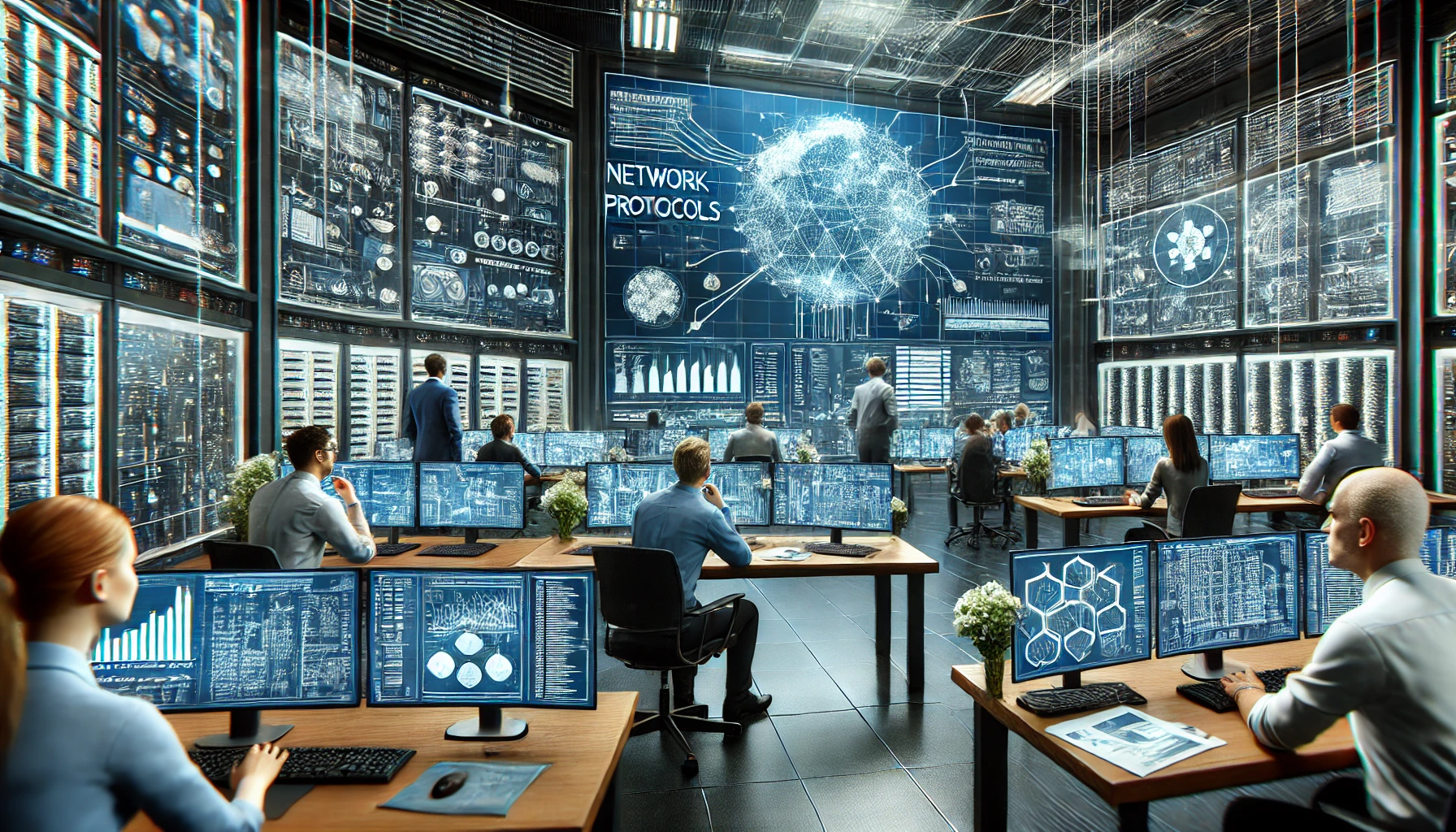 :the intricacies of network protocols in a modern computing environment. The scene includes a diverse group of IT professionals engaged in a high-tech control room, surrounded by screens displaying various network diagrams and digital interfaces.