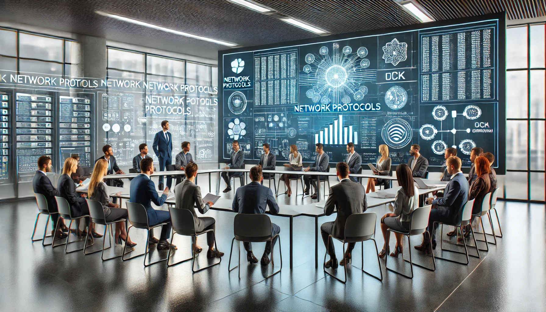 a modern, interactive seminar focused on network protocols. The setting is a contemporary classroom with a diverse group of IT professionals gathered around a large digital display, which showcases various network protocols and their applications in real-time communications.