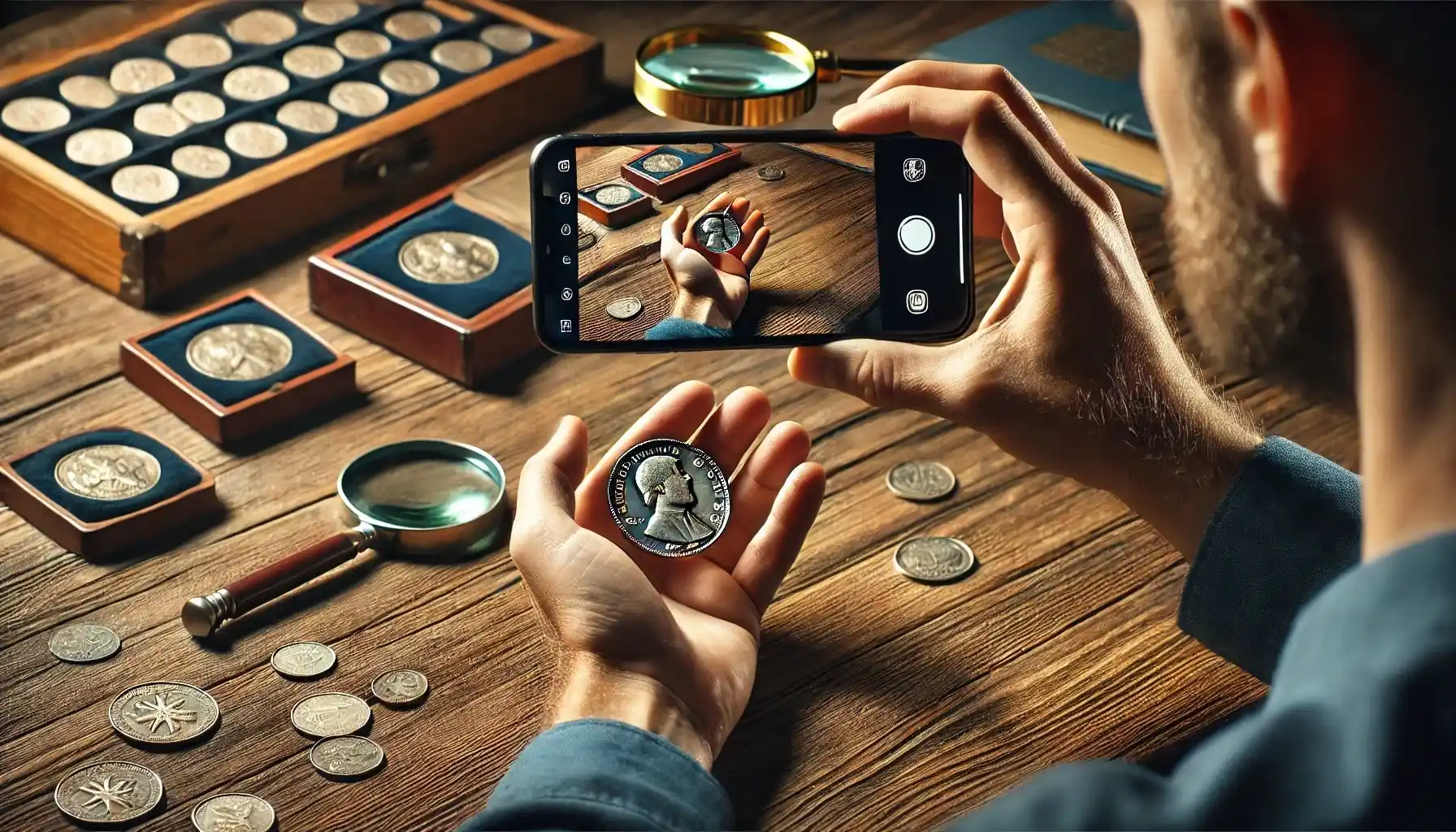 A man is carefully taking a photo of a rare coin lying in his hand using an identification app with blockchain technology.