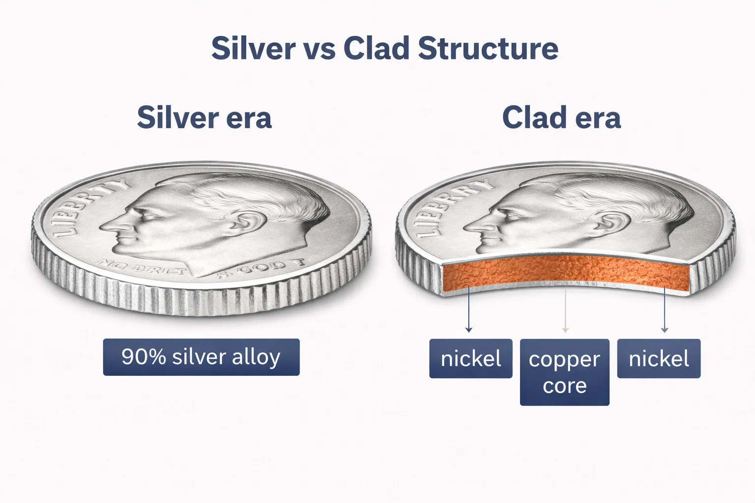 Comparison of silver dime alloy and clad dime with copper core.