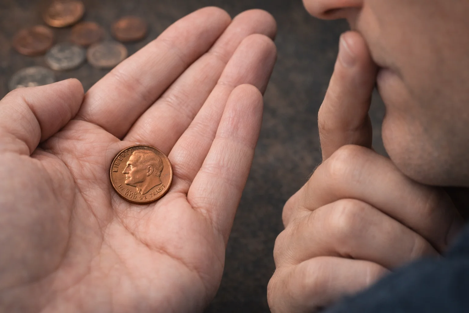 Person examining a copper-colored Roosevelt dime in their palm.